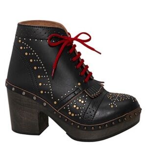 Burberry Black Leather Studded Ankle Boots with Red Laces